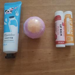 New & unused 1 x handcream, 1 x foot soak bath bomb & 2 x lip balms 
COLLECTION ONLY 
Please note items will ONLY be kept for 48 hours after confirmation. If item is not collected within this time they will be relisted.
** ITEM IS COLLECTION ONLY **
   *** NO OFFERS ACCEPTED ***