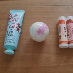 New & unused  1 x handcream, 1 x foot soak bath bomb & 2 x lip balms.
COLLECTION ONLY 
Please note items will ONLY be kept for 48 hours after confirmation. If item is not collected within this time they will be relisted 
** ITEM IS COLLECTION ONLY **
   *** NO OFFERS ACCEPTED ***