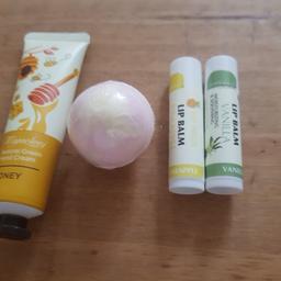 New & unused 1 x hand cream, 1 x foot soak bath bomb & 2 x lip balms
COLLECTION ONLY 
Please note items will ONLY be kept for 48 hours after confirmation. If item is not collected within this time they will be relisted 
** ITEM IS COLLECTION ONLY **
   *** NO OFFERS ACCEPTED ***