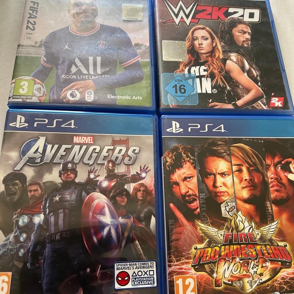 4 PS4/5Games. All in playable condition but the discs and cases have a few marks.

The games are;
FIFA 22 PS5
WWE 2K20 PS4
Marvel Avengers PS4
Fire Pro Wrestling World PS4

Cash only. Collection only.