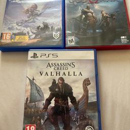3 games. All items are playable but have a few marks on the disc and case.

The games are:
Assassin’s Creed Valhalla PS5
Horizon Zero Dawn Complete Edition PS4
God of War PS4

Collection only. Cash only.