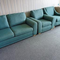 Sofa Set Comprising of:
1x 2 Seater Sofa
Length 75 inches 
Width 36 inches 
Height from seat 17 inches 
1x Armchair 
1x Lazyboy Armchair 
On a light green upholstery finish with wooden feet 
Absolutely beautifully designed and crafted solid strong sturdy design 
In very good clean condition 

Postcode for collection is bd2 4bs  - Just off Queens Road Bradford 2 area

Delivery requests will incur a extra charge of minimum £10 plus