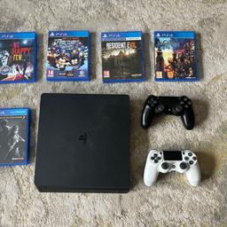 PS4 slim 1TB
2 dual shock controllers (black and white)
The Last of Us
We Happy Few
South Park Fractured but Whole
Resident Evil Biohazard
Kingdom Hearts 3

No power cable available but costs £10 from Argos

200 or nearest offer for everything