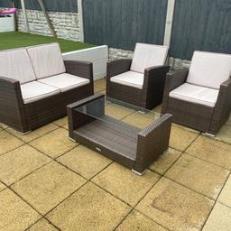 Hi, for sale i have a really nice rattan garden furniture set in brown complete with cream/stone cushions in good solid condition originally bought from rattan direct.there are one or two rips in the cushion (the backrest ones) but does the affect the set & covers can be changed if you wish or just turn them around. complete with Coffee table glass top welcome to view before purchase thanks

£250 no offers price reduced grab a bargain not be around for long….

Please see last pics thanks…

Collection only & cash on collection:

Wigan area