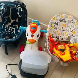 A selection of children’s bits:

Rocking horse with sound can be taken off rocker so child can push along. Used once as son didn’t like it £15

Baby bouncer £10

Stériliser tommee tippie never used £10

Door bouncer never used £10 

Car seat £10