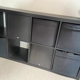 All black ikea storage unit, can be used in any room in the house. The boxes were bought separately but buyer can have or not its their choice. Two draws were fitted it seperatly and unfortunately have half broken off which can be taken out or fit back in.
Offers are accepted