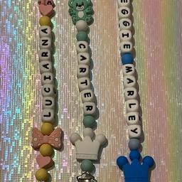 dummy clips available to order ⭐️

These clips are made from silicone which is good for babies to chew on ❤️

All clips will be £8 each plus £3 postage 

Or 3 dummy clips for £24 & FREE postage 

…We have available… 
⭐️stitch 
⭐️angel
⭐️cars
⭐️mermaids
⭐️dinosaurs 
⭐️koala bears
⭐️large crowns
⭐️bows
