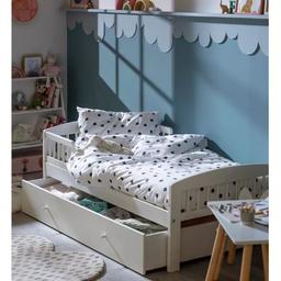 Any Question or Want to Collect. plz call or text message on 07496935050 for immediate reply for collection.

Toddler bed.
White bed with a mdf and solid wood frame.
Includes wooden slats.
Maximum user weight 100kg.
For ages 18 months and over.
Safety tested to 100kg.
Mattress:
(not included).
Dimensions:
Frame size L144.8, W74.4, H57cm.
Safety rail height 31cm.
Clearance between floor and underside of bed 23cm.
Drawer size H23.5, W139, D68.5cm.
Fully assembled.

Collection Address
Western Deals Limited
Unit 1B,
Rear Off 1-3 Formans Road,
Sparkhill,
Birmingham,
B113AA
United Kingdom