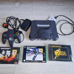 comes with wires, 1 controller, zelda, Goldeneye and 1080
all games complete in box
zelda and goldeneye in good condition and come in plastic protectors
scart lead no shown in picture but assure you it comes with it
also comes with hdmi convertor cable