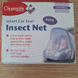 Infant car seat insect net

Clippasafe

New in box - box is damaged from storage but no damage to the Net

A fine mesh net to help protect baby against flies, wasps and other insects

For car seats with rigid carrying handles

Collected £2