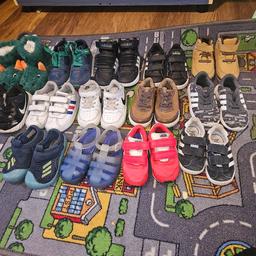 Adidas grey camouflage size 7 £7
Firetrap boots size 5 £7
Adidas Black suede gazelles size 4 £5
Adidas Black leather gazelles size 5 £7
TU Brown and blue pumps size 6 £3
Nike gamer red trainers size 4.5 £6
Blue jelly sandals size 25 £3
Black Adidas high tops size 6 £10
Blue and green bekkin trainers size 25 £2
White nikes size 5.5 £5
Dinosaur slippers (never worn) size 8 £3
Adidas white and blue gazelles size 6 £4
Blue Adidas sandals size 7 £5
Black nikes size 6.5 £5
£60 for all