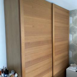 IKEA Oak Double wardrobe with two sliding doors.
Wardrobe is two units joined together. Comes with drawers and rails (hangers in picture not included).
Width - 200cm
Height - 234cm
Depth - 60cm (plus 6cm for thickness of the doors)
Excellent condition.
Buyer is to collect and also dismantle. I’ll help dismantle it but best the buyer dismantles with me so they know how to build it or I can dismantle and you build by looking on the internet for an instruction guide.
The doors are whole so an estate car or van would be needed.