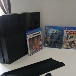 PS4 500gb bundle for sale. This is still in great working condition. The console comes with 2 controllers, power adaptor, HDMI lead, USB controller charging wire, a vertical stand, and a controller stand. Also included are 3 games, Monopoly, Resident Evil 4, and F1 23. Collection only.