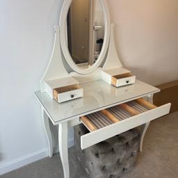 Hemnes Dressing Table - from IKEA

Still available at £159

Sizes as per 5th pic - 100cm wide x 50cm deep

Padded Stool Can be purchased as well if wanted for £20

Selling due to house move - other items to be listed shortly if of interest

None smoking g and pet free home

Collection from Alrewas DE13 could possibly drop off if local for agreed fee