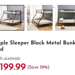 Triple Sleeper Black Metal Bunk Bed
Triple Sleeper Bunk Bed is the ultimate solution for maximizing space without compromising on comfort. This sleek and modern design features a single bed on top and a spacious double bed below, providing ample sleeping space for three.

Crafted with sturdy materials and reinforced with supportive side rails, this triple bed frame ensures safety and durability. Available in timeless black or pristine white, it effortlessly complements any bedroom decor.

Ideal for growing families, shared rooms, or accommodating guests, our Triple Sleeper Bunk Bed offers a stylish and practical solution, making the most out of your available space while providing a restful night's sleep.
This is brand new in box and retails for £199.99 I'm selling for £120 why not check out my other items for sale