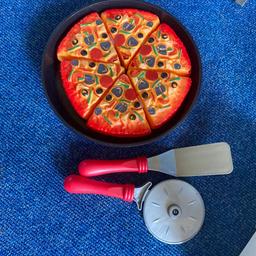 Plastic pizza Velcro attached & utensils 
Small holes in pizza see all pictures