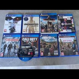 PS4 Games for sale
Killzone Shadow Fall £3
Uncharted Nathan Drake Collection £5
Ghost Recon Wildlands Delux Edition £5
FIFA 21 £5
The Division £4
Call of Duty Black Ops III £5
Call of Duty Advanced Warfare (no case) £3
Far Cry 5 £5
Far Cry New Dawn £5
But for £35 or buy separately 
All in excellent condition 
Buyer collects
