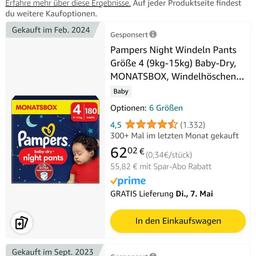 3x 90 Stück original verpackte Pampers nights pants Größe 4 zu verkaufen. UVP ca 93 €. Für 63€ abzugeben (2+1 Gratis). Versand extra