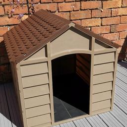 Plastic brown dog kennel.
Not used much so it is still in fair condition.
Online photo used when built as it's been dismantled
Door 31cm wide x 57cm high.
Kennel it's self is roughly 
78cm wide x 84cm deep X 81cm high.
RRP £50+ new.
COLLECTION ONLY.