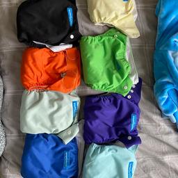 8 reusable nappies, all come with 2 inserts inside plus an extra 3 separate inserts as spare.

Very good condition and have all been properly disinfected and cleaned.

Suitable from birth 7lbs up to toddler 35lbs