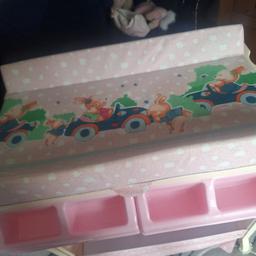 pink changing unit with bath no missing parts or pieces used a couple of times but I'm old school and use my lap more