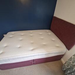 Double sized Bed & Mattress, used by child only. In very good condition.

Purple fabric double bed with 4 spacious draws (2 on each side).

Purple fabric headboard.

Soft spring mattress.