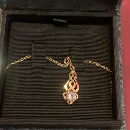 Hallmarked 9 Ct gold chain with hallmarked 9 ct 375 Ct gold  amethyst pendant . In good condition over  45cm length , comes in box . Pls look at the pictures attached for more details can accept PayPal,collection,bank transfer or delivery of close by. Shpocks wallet too