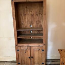 Wooden dresser.
Cupboard doors at bottom with shelf inside.
3 shelves above cupboard.

H: 183cm
W: 77cm
D: 41cm