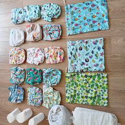 Re-usable baby nappies, 2 different brands as shown. Come with microfibre re-usable liners plus 2 rolls of disposable liners. Most of these nappies havent been used.
Comes also with 3 wash bags.
Pet and smoke free home.