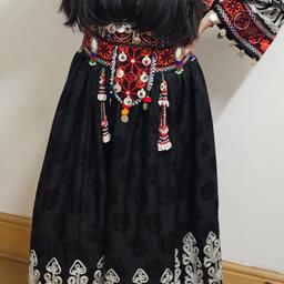 Afghani dress, with intricate beads, mirror and embroidery. 4 piece with beautiful trousers, doppata and hat . Ideal for weddings and parties. One size in black colour. Purchased for £150 but selling cheap as worn once. Grab a bargain. No RETURNS accepted.  
