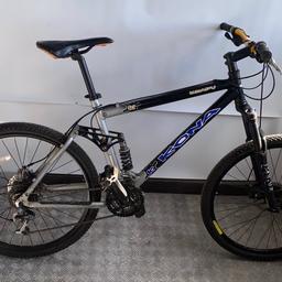 Large frame size in good condition working bike
Fox back suspension 
Rock shock front suspension 
Disc brakes 
Hydraulic back brake 
Alex rims with kenda track tires 
Nukeproof handle bars
SRAM gears 
Kept as a space bike