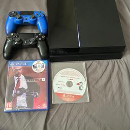 Ps4 500gb in good condition, has a few scratches as seen in the picture but console works fine
2 games
Hitman 2
Sleeping dogs
2 controllers
Black controller works great
Blue controller seems to only work with a wire

Open to offers