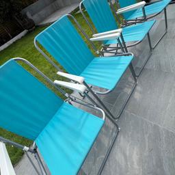 4 Garden Folding Chairs in Aqua Blue Colour.
One chair has a tear in the right bottom corner of back rest.