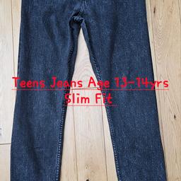 Teen's casual SlimFit black jeans 
Brand F & F 
Perfect for boys or girls aged 13-14 years T  Zip & button closure along with a skinny style
Front & back pockets 
Perfect for any casual occasion

Size 13-14yrs 
37cm waist width flat on floor - 75cm waist  all round
76cm inside leg  
Length 101cm flat on floor 
Height 164cm
82% cotton 17% polyester 1% elastane 
Comfortable & stylish fit 
Machine washable 

Condition 
Pre-owned previously used still good condition May show minor clothing bubble

Postage 2nd Class Royal Mail Or Cash on Collection