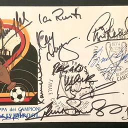1984 European Cup Final postal cover.
Stamped 30th May 1984 - the day of the match between Liverpool and Roma.
Signed by members of the Liverpool team and manager Joe Fagan.
Autographs include Kenny Dalglish, Ian Rush, Phil Neal, Bruce Grobbelaar, Mark Lawrenson, Graeme Souness, Ronnie Whelan, Steve Nicol and Sammy Lee.
With a COA.
In excellent condition.
£195 ono.
Postage via Royal Mail (Special Delivery).