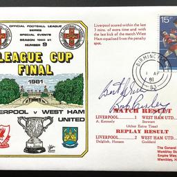 A postal cover issued by Dawn Covers to commemorate the 1981 League Cup Final between Liverpool and West Ham United.
Stamped Birmingham 1st April 1981 - the date of the replay at Villa Park.
Official Football League Cover Number 9 (1980-81 series).
The cover has been signed by Liverpool’s legendary manager: Bob Paisley.
With a COA.
£79.95 ono.