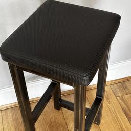 This bar stool comes fully assembled and features a lacquer finish over bare steel that protects against scratches and wear. Height 79cm, length 40cm and width 35cm. Buyer to collect or may deliver at an extra charge