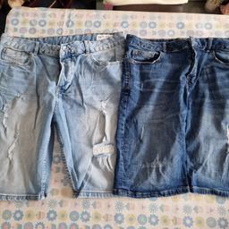 2 pairs men's denim shorts.
Lightly distressed.
Slim fit.
Waist 36 inches
Inside leg approx 11 inches.
Button fly.