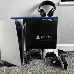 PS5 Digital Console with 2 controllers ( Original White and Grey Camo ) with matching Grey Camo Sony PS5’s Pulse 3D Gaming headset and PS5 twin charging station. All wires and Box included. Used but very well looked after and everything in very good condition