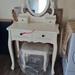 brand new antionette dressing table with stool slight damage to wood on handling does not affect use and can be repaired with wood glue open to reasonable offers 🙂