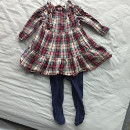 Beautiful baby girl outfit. My daughter only wore this twice as she grew very rapidly. It's a beautiful red and blue tartan dress from Fred & Flo with matching navy blue original tights. Size 6-9 months. Your princess will look beautiful in this.