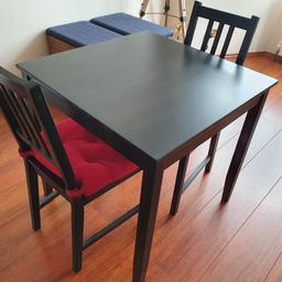 Small Ikea table with 4 chairs (each with seatpads). A few marks but overall brilliant condition. Perfect for a small dining area. The table ia 75cm×75cm. Collection only.