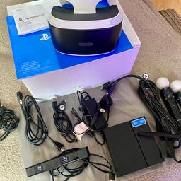 Ps4 vr headset version 1. can be used on a ps5 with a converter adapter cheap online.

Fully boxed set up ready to play

2 x official move controllers fully working with charge leads

All wires all numbered ready for easy set up.

Reason for sale son does not use anymore

No games included

Can access all free content vr by using YouTube and also many games available to purchase for the full experience.

Head set still has the protection cover labels on in corners it’s hardly been used

Uk postage only thank any questions please ask many thanks