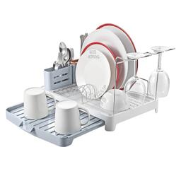 KINGRACK Dish Drainer with Extendable Draining Board, Stainless Steel Dish Rack with Wine Glass Holder and Cutlery Holder, Grey