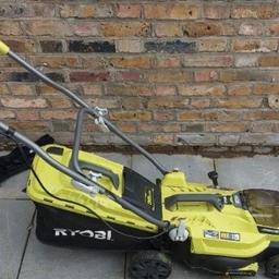 Used RYOBI cordless lawnmower. Model: RLM18X36250. Has a strong metal blade. Big 35L grass box picks up well. Quietest on the market at 96 dB. Good motor at 600w. Change cutting height at the wheel, pull & push. Best to use 1-3 changes starting in cutting height, if area is not level. Grass catcher slightly melted. Fair in weight at 13.4kg. Has minor scratches to sides and handles. Does not come with charger, 1 battery. Collect in Wolverhampton, WV3. Postage available. Local and reliable seller, see other listings and reviews. Thanks for viewing.