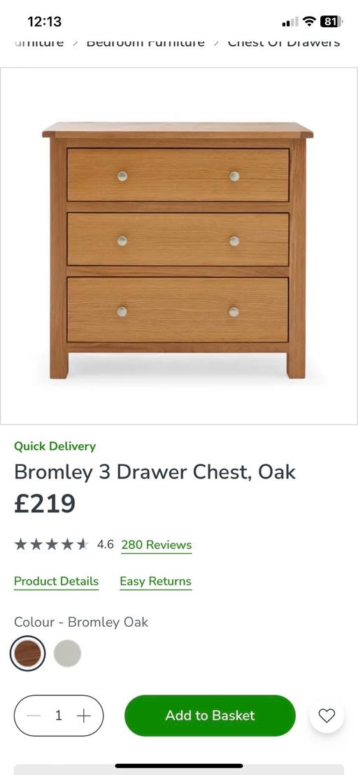 Buy & Sell Essex Epping Forest - Photos for Bromley 3 Drawer Chest, Oak