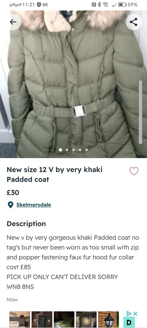 Buy & Sell Lancashire West Lancashire - Photos for v by very khaki Padded coat 12