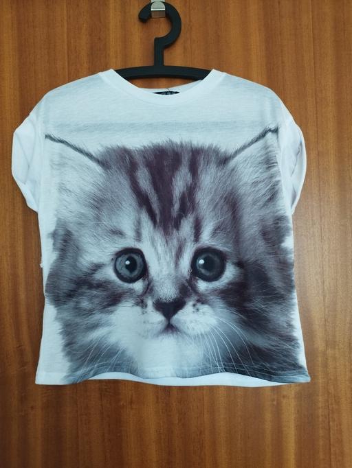 Buy & Sell South Lanarkshire Strathaven - South Lanarkshire - Photos for White cropped t-shirt grey kitten print