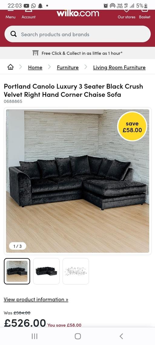 Buy & Sell East London Seven Kings - East London - Photos for Black Velvet Right Hand Corner Sofa