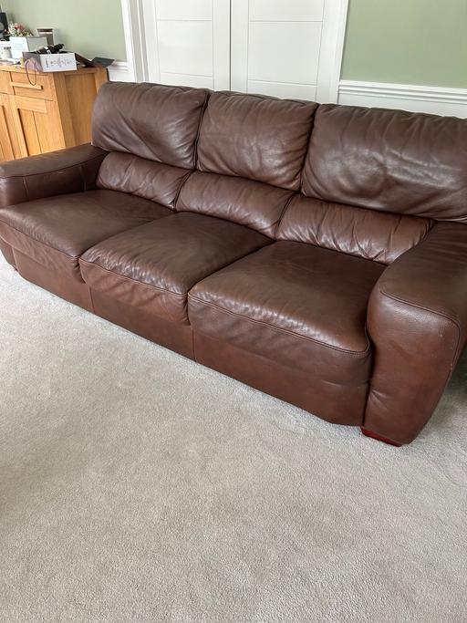 Buy & Sell Barking Barking and Dagenham - Photos for Brown Leather 3 Seater Sofa x 2, foot stool